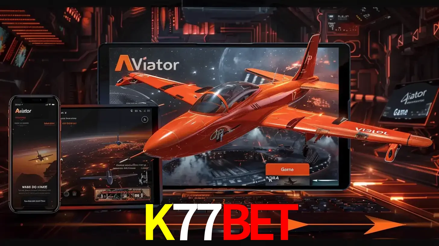 Apresentação tecnológica do jogo Aviator com um avião saindo da tela de um tablet, demonstrando a experiência imersiva em múltiplos dispositivos no K77BET.