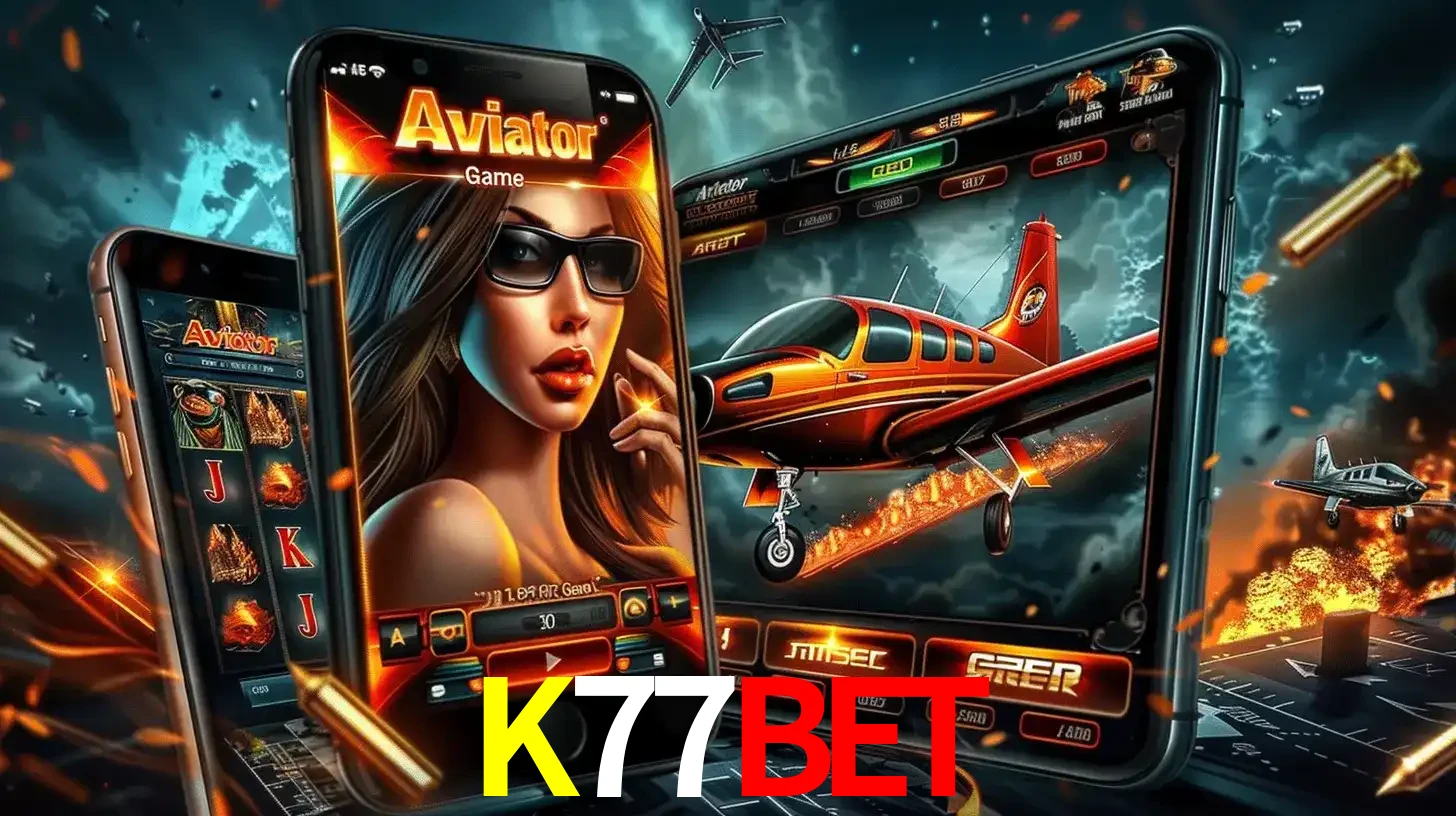 O popular jogo de apostas Aviator exibido em vários celulares e tablets, mostrando a interface emocionante e a ação de voo disponíveis para jogar agora no K77BET.