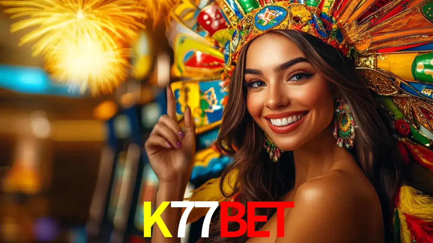 Mulher sorridente com um cocar de carnaval vibrante e colorido, celebrando uma grande vitória nos jogos do cassino K77BET com fogos de artifício ao fundo.