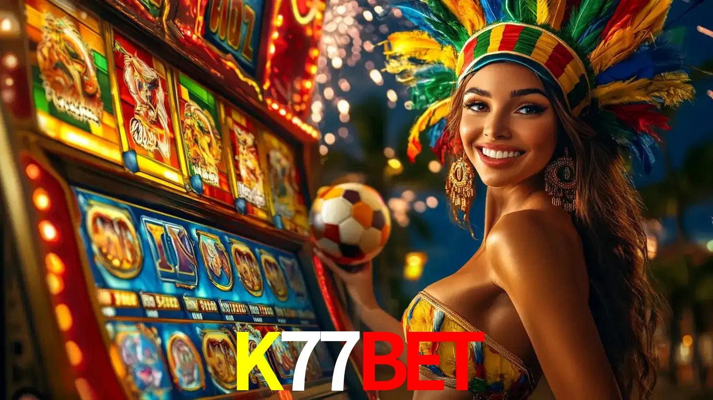 Mulher com um cocar de carnaval ao lado de uma máquina de caça-níqueis enquanto segura uma bola de futebol, mostrando a união da diversão de cassino e esportes no K77BET.