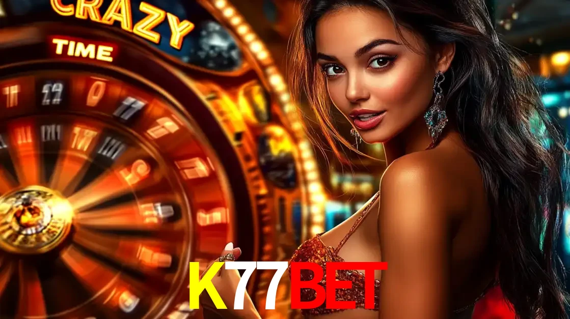 Mulher ao lado da roda de prêmios do jogo de cassino ao vivo Crazy Time, um dos shows de jogos mais emocionantes oferecidos pela plataforma de apostas K77BET.