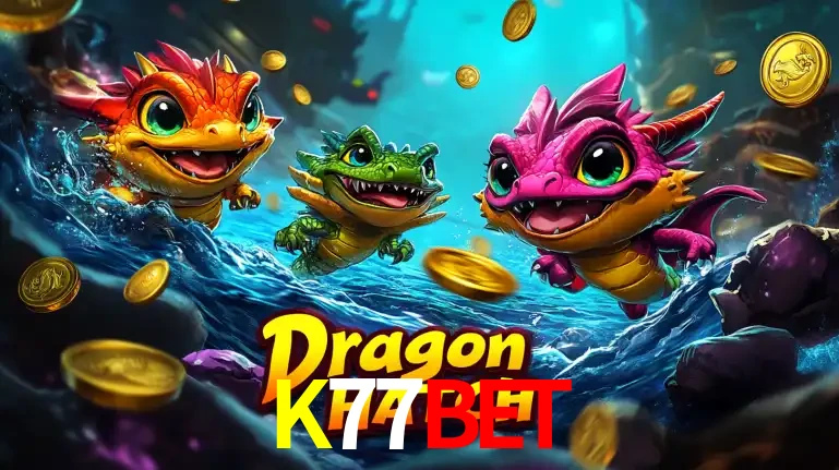 Arte promocional do jogo Dragon Hatch com três adoráveis dragões bebês nadando entre moedas de ouro, um dos slots mais divertidos para jogar no cassino K77BET.