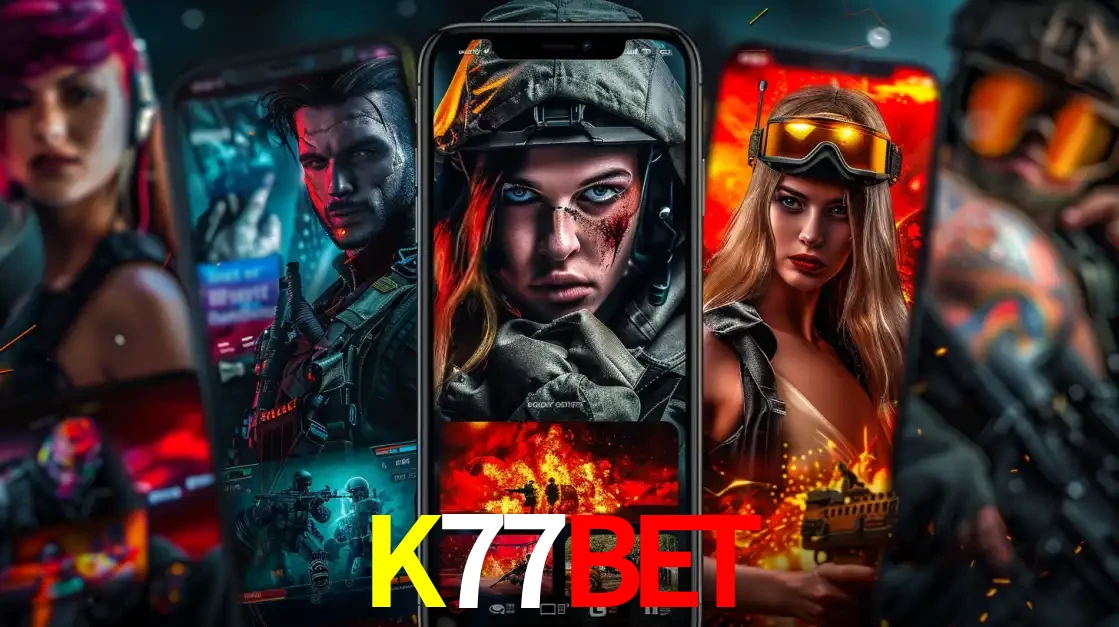Montagem de telas de celular mostrando diversos personagens, masculinos e femininos, de um jogo de tiro, ilustrando a diversidade de equipes de e-sports para apostar no K77BET.