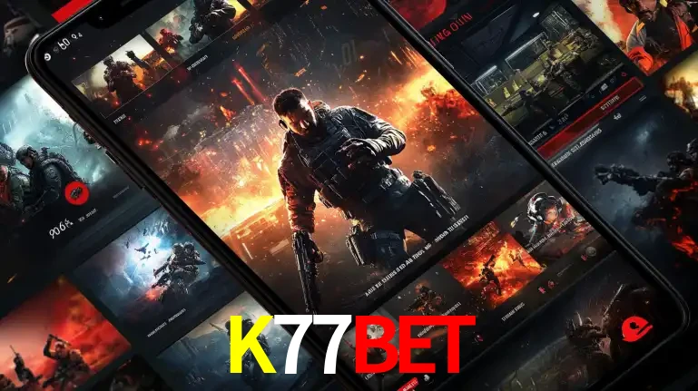 Tela de um celular exibindo uma galeria de jogos de tiro com temática militar, mostrando a variedade de e-sports disponíveis para apostas na plataforma de entretenimento K77BET.