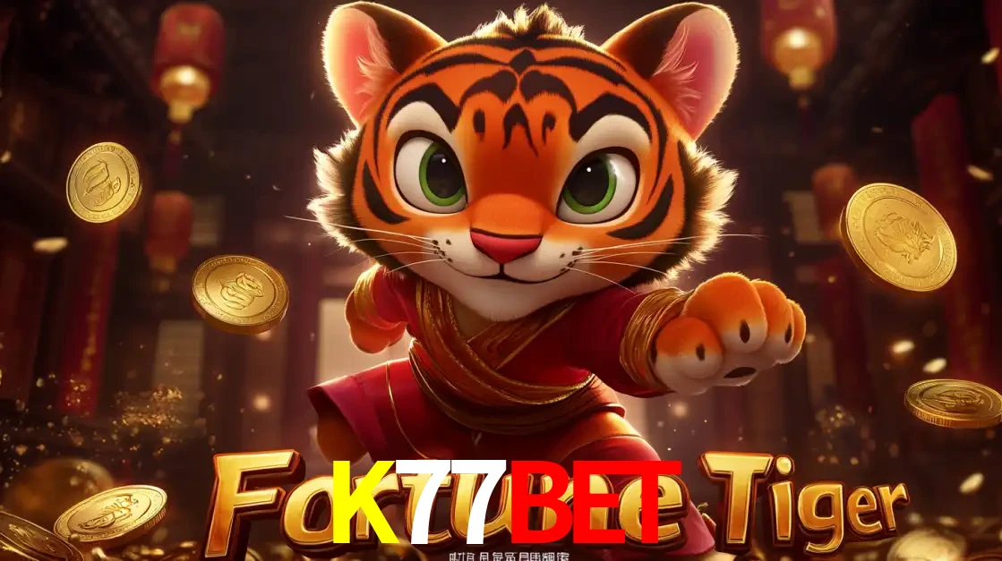 O carismático mascote do jogo de slot Fortune Tiger, um tigre fofo em pose de artes marciais, pronto para trazer sorte e multiplicadores de ganhos no cassino online K77BET.