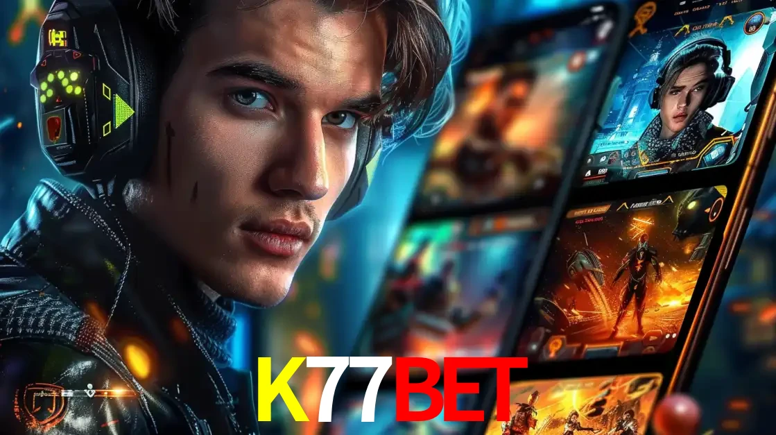 Jovem jogador com fones de ouvido olhando para a câmera, com um aplicativo de jogos e e-sports para celular ao fundo, pronto para a competição e apostas no K77BET.