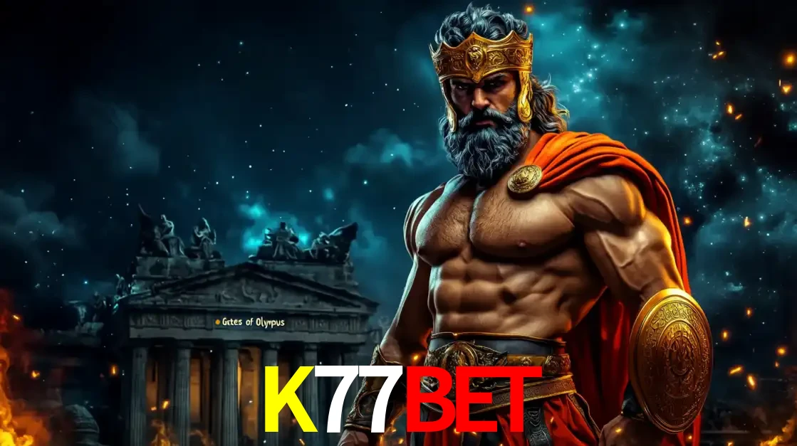 O poderoso Zeus do jogo de slot Gates of Olympus em frente ao seu templo, pronto para lançar multiplicadores divinos e prêmios épicos no cassino online K77BET.