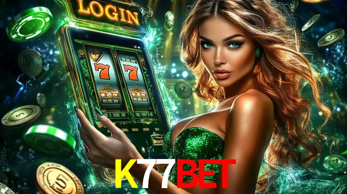 Mulher com tema verde apresentando o aplicativo do cassino K77BET com um jogo de slot de 777, cercada por fichas de cassino e uma aura de sorte.