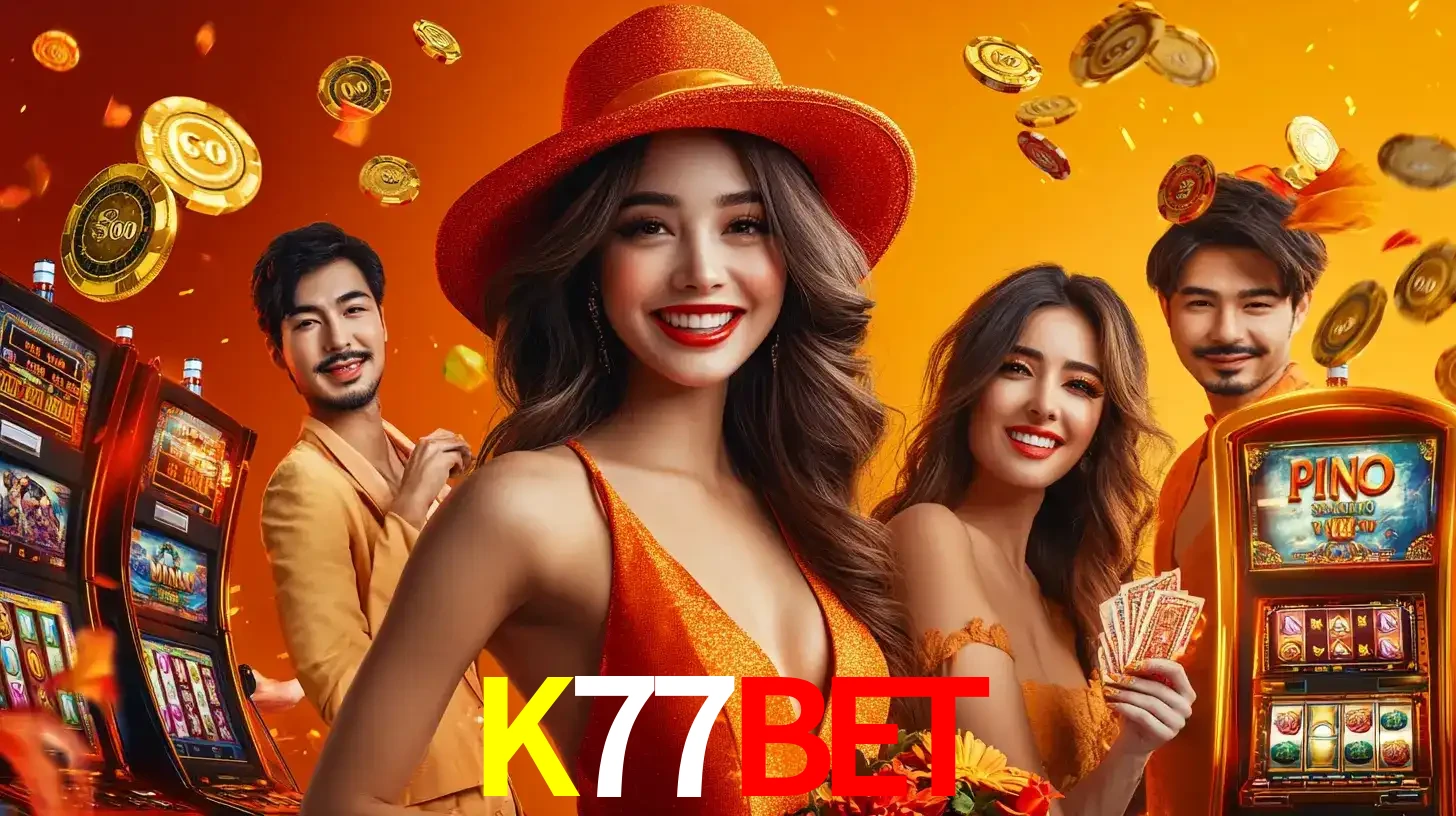 Grupo de amigos asiáticos sorrindo e se divertindo com máquinas de caça-níqueis em um ambiente festivo, celebrando suas vitórias nos jogos de cassino do K77BET.
