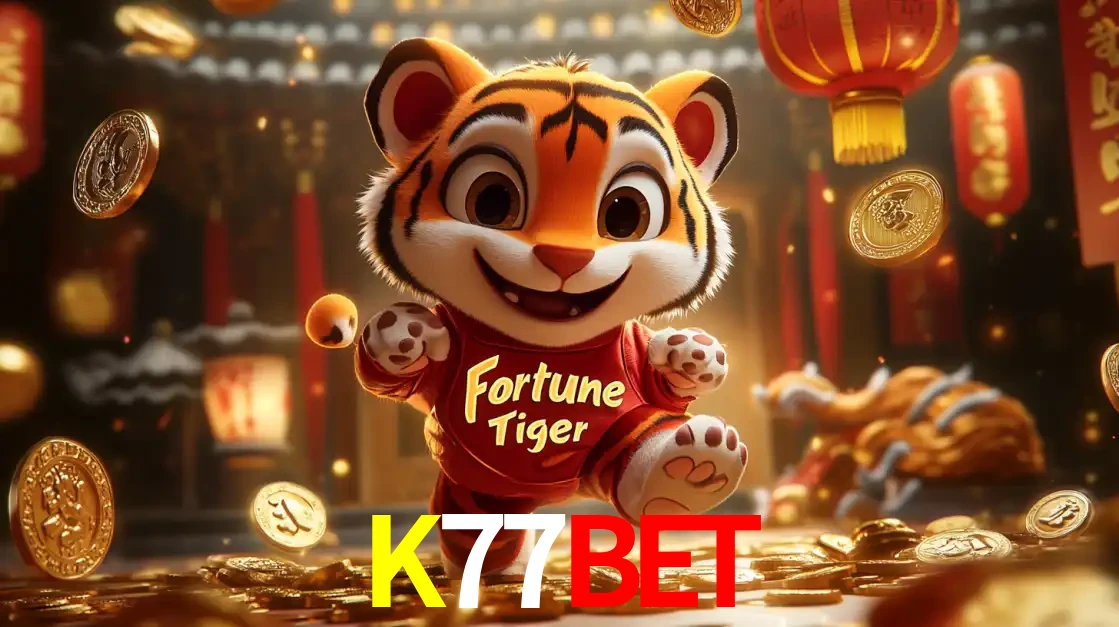 O alegre personagem do Fortune Tiger correndo sobre um caminho de moedas de ouro, simbolizando os grandes prêmios e a diversão do popular jogo de slot do K77BET.