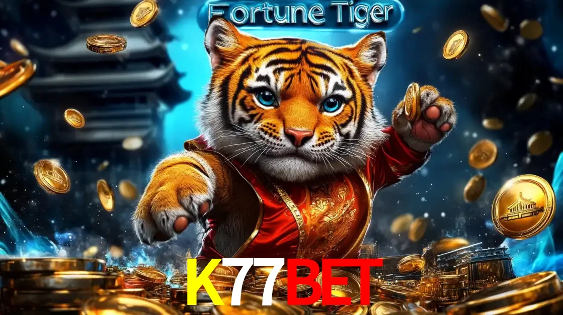 Imagem promocional do jogo de slot Fortune Tiger, com um tigre majestoso em traje tradicional cercado por uma fortuna em moedas de ouro, disponível agora no cassino K77BET.