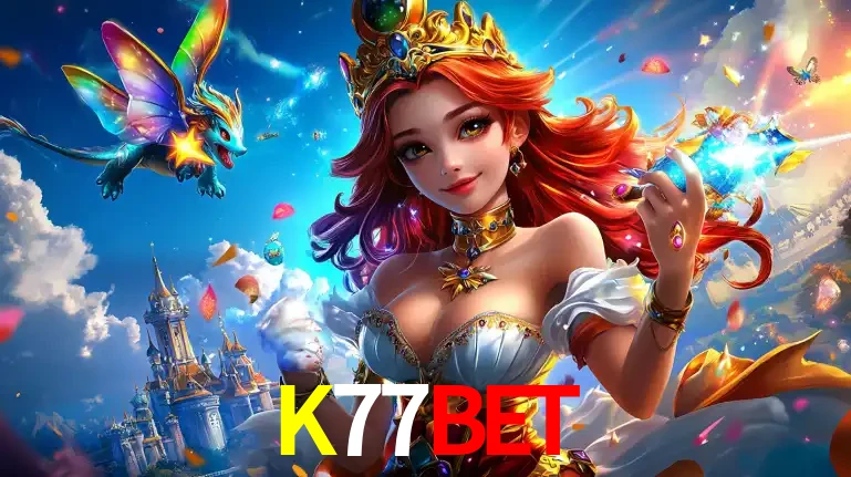 A princesa de um reino de fantasia mágico, com seu pequeno dragão, apresentando um mundo de prêmios encantados nos jogos de caça-níqueis do cassino K77BET.