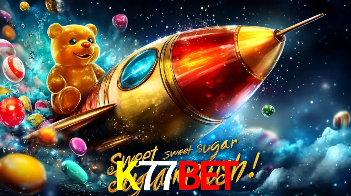Arte promocional do jogo de slot Sugar Rush, com um urso de pelúcia em um foguete viajando pelo espaço de doces, um dos jogos divertidos disponíveis no cassino K77BET.