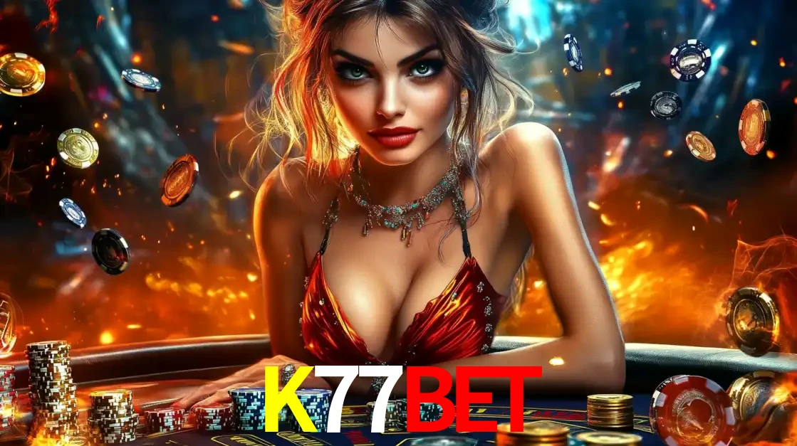 Mulher em uma mesa de cassino com pilhas de fichas e um fundo de fogo, pronta para uma rodada de altas apostas nos jogos de mesa emocionantes do cassino K77BET.