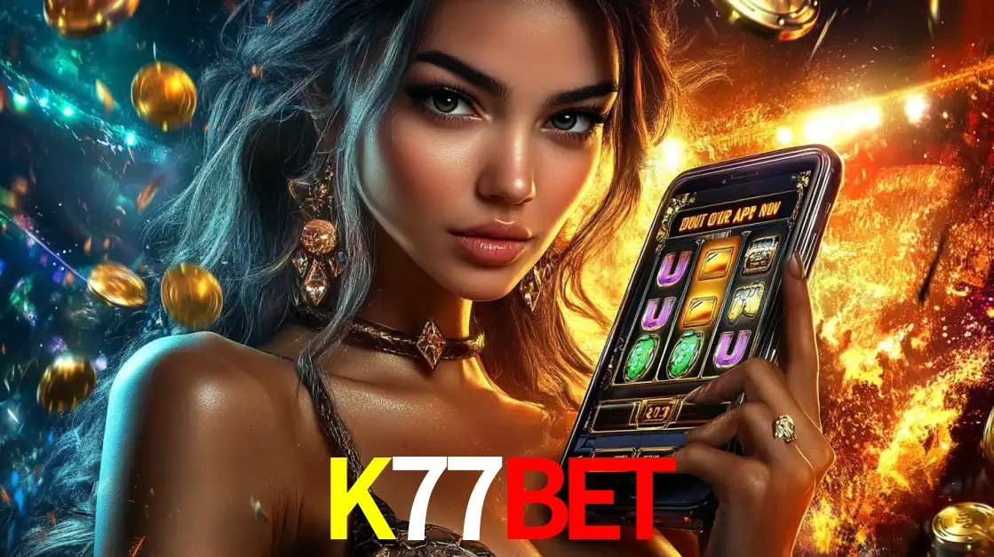 Mulher elegante mostrando um jogo de caça-níqueis em seu smartphone, destacando a experiência de cassino móvel oferecida pelo aplicativo K77BET.