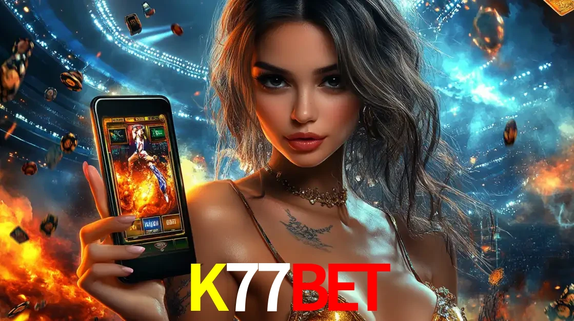 Mulher segurando um celular com um jogo de slot em destaque, tendo como fundo um estádio vibrante, simbolizando a emoção de jogar no cassino móvel K77BET.